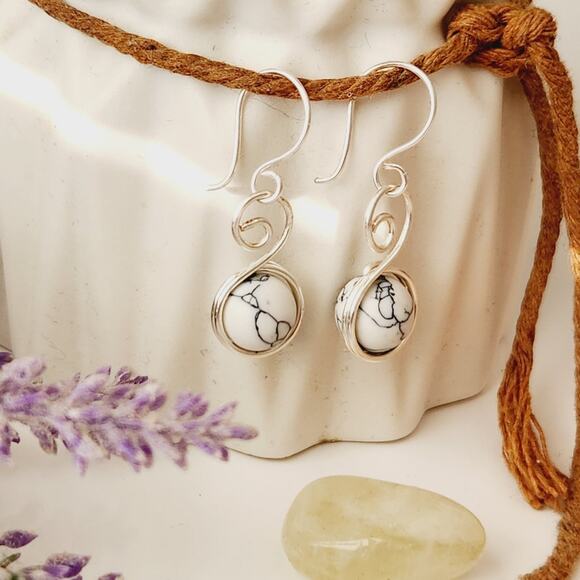 White Howlite Stone Bead Earrings / Silver-plated Wire Wrapped Earrings - Picture 4 of 7
